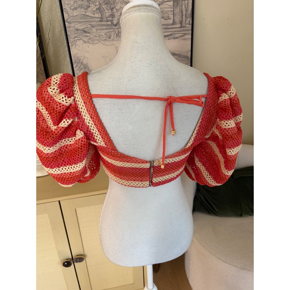 PatBO Striped Crochet Cropped Top Size 4 Orange Puff Sleeve - Picture 7 of 11
